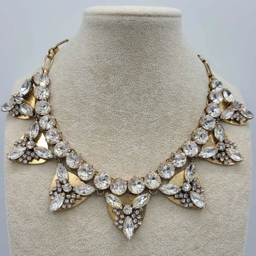 J Crew Large Clear Crystal Art  Deco Vintage Statement Necklace